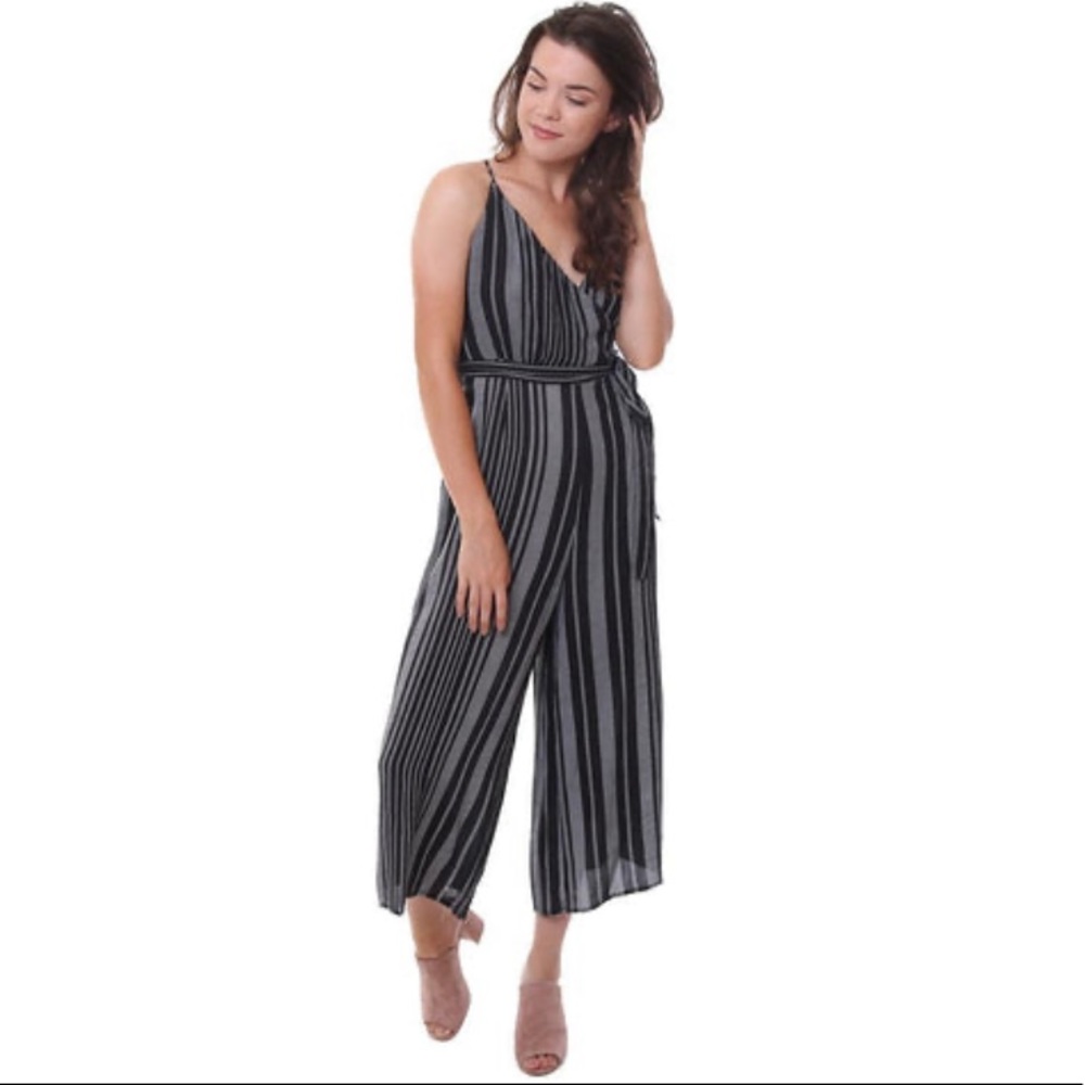 Dress Forum Black and Cream Stripe Faux Wrap Cropped Wide Leg Culotte Jumpsuit